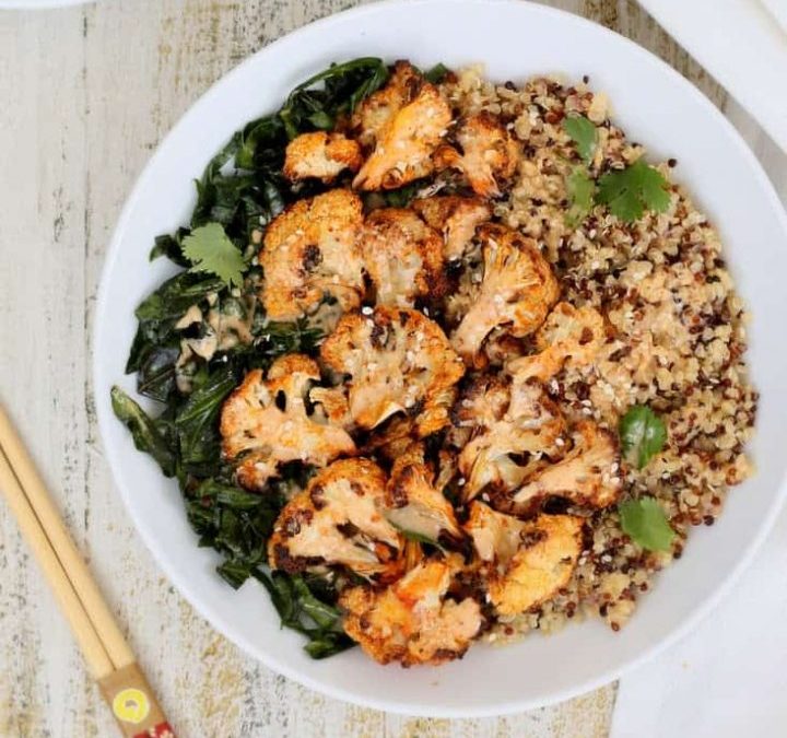 Quinoa Roasted Cauliflower & Greens with Almond Chipotle Sauce